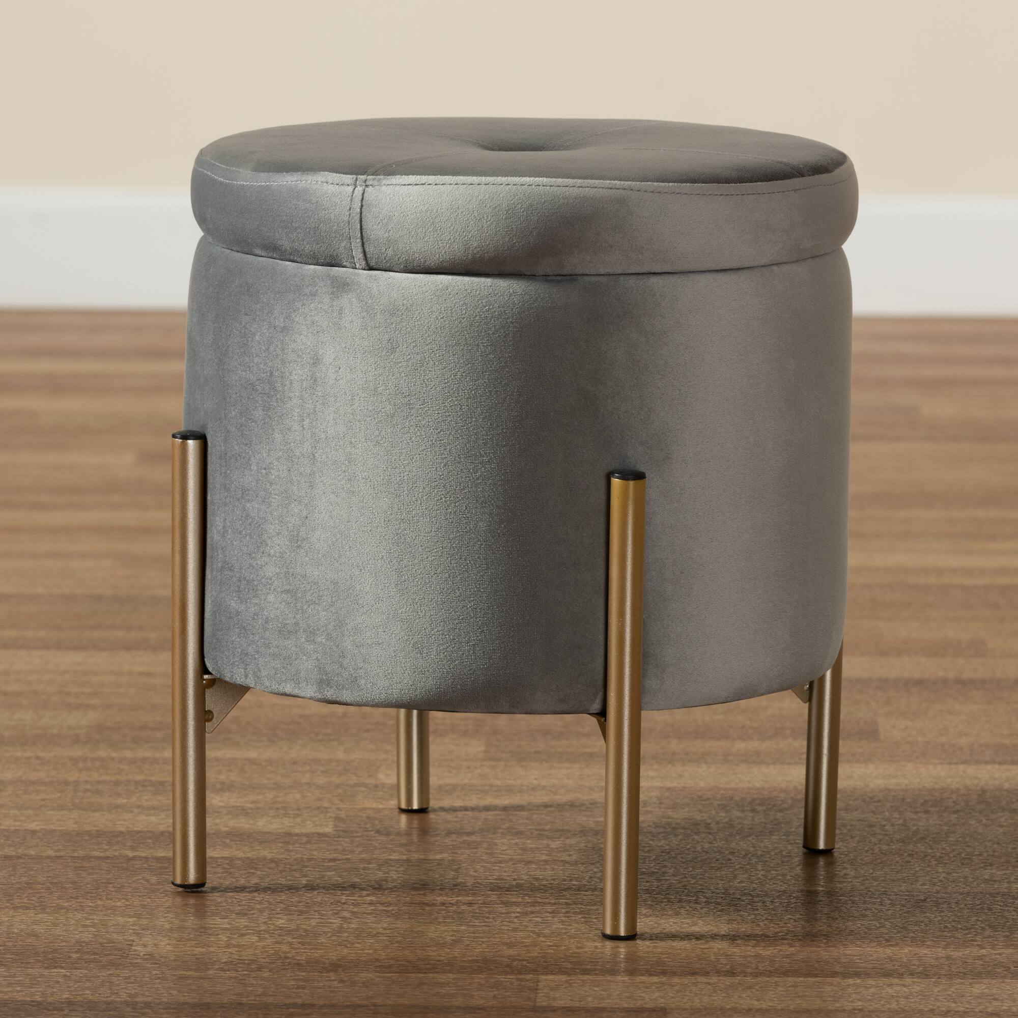 Alt View 5. Baxton Studio - Malina Contemporary Glam and Luxe Velvet Fabric Upholstered and Gold Finished Metal Storage Ottoman - Grey/Gold.