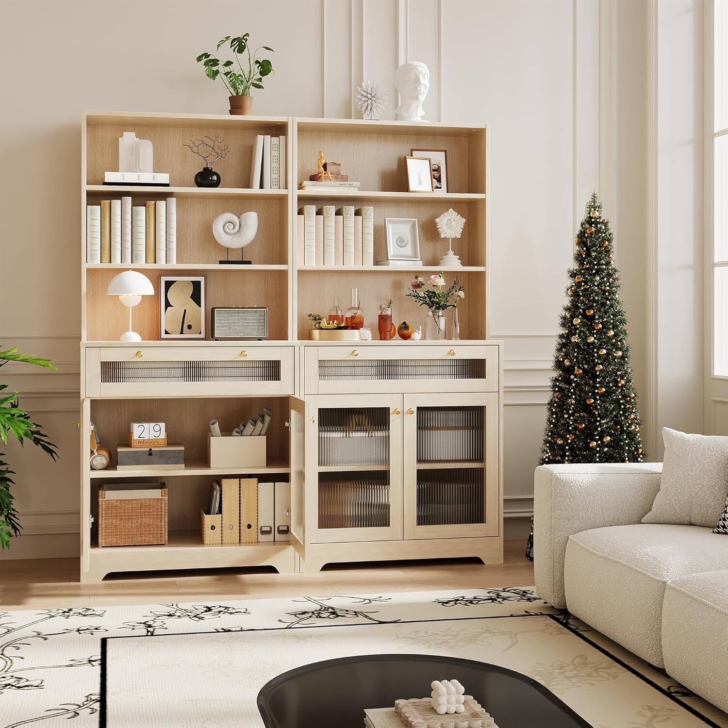 Left. Homhougo - Kitchen Pantry Cabinet – 62" Hutch w/ Countertop, Glass Doors & Adjustable Storage - Natural.