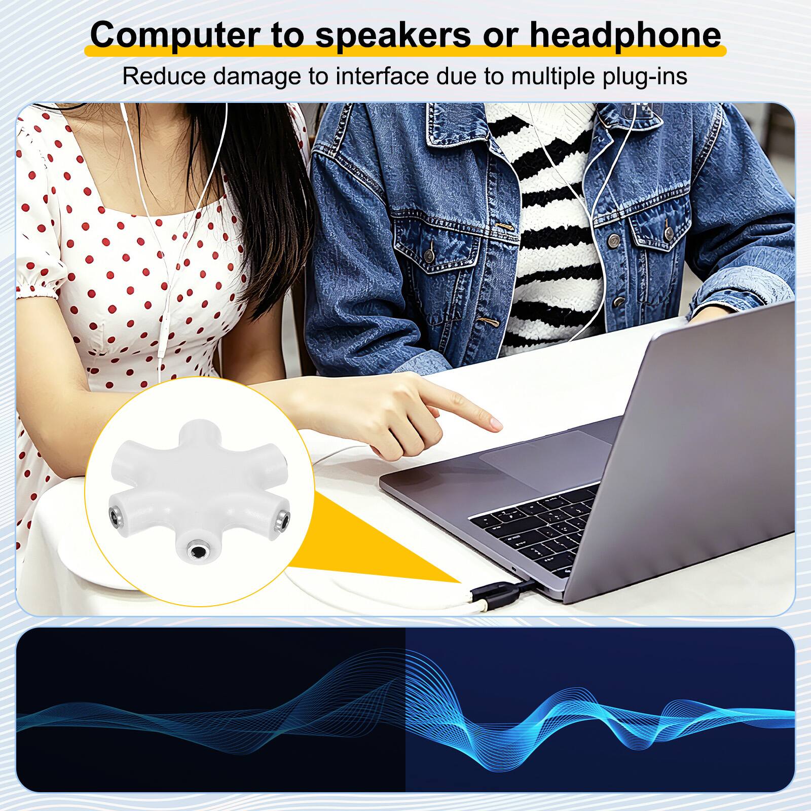 Computer to speakers or headphone  
Reduce damage to interface due to multiple plug-ins