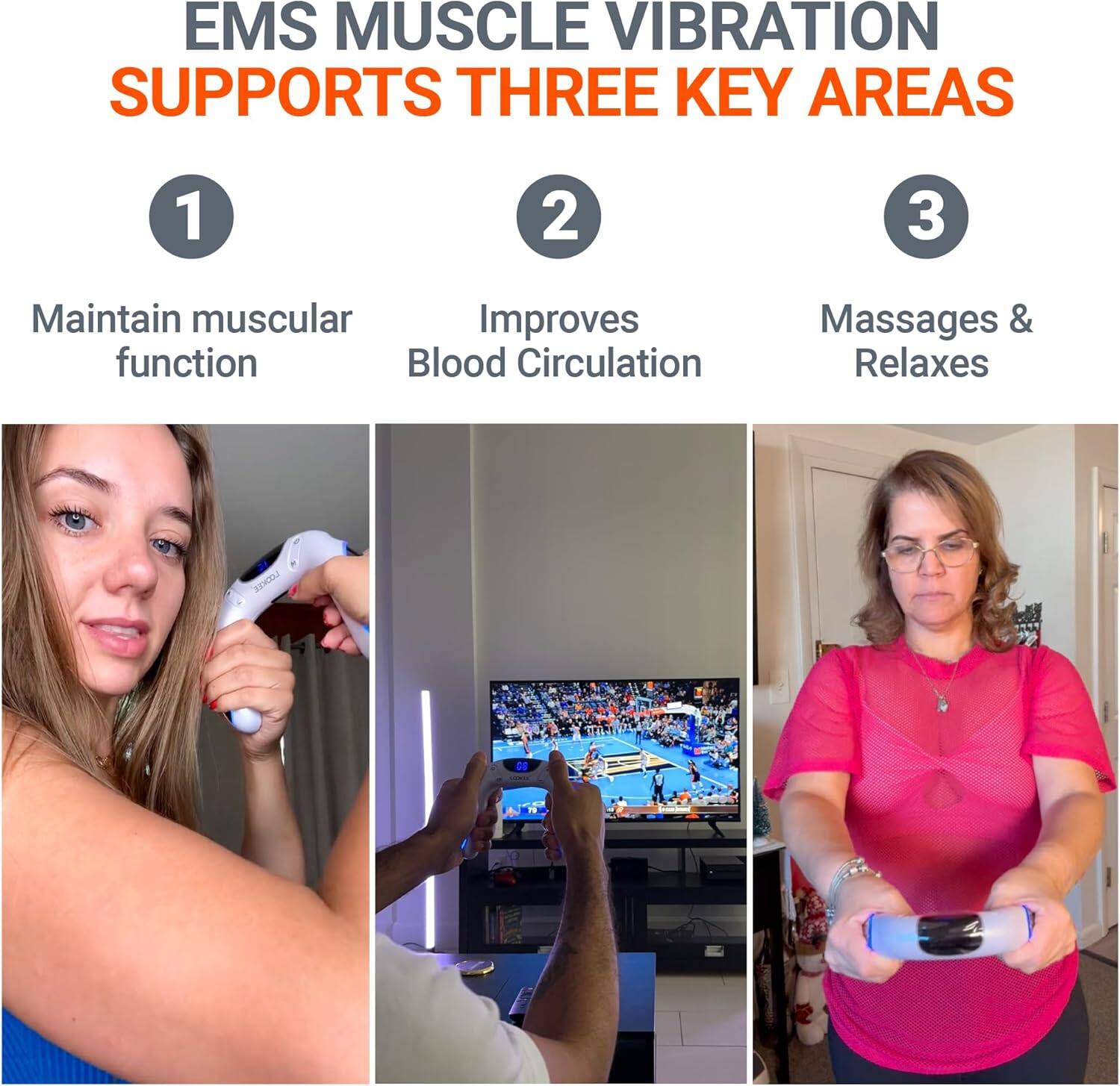 EMS MUSCLE VIBRATION SUPPORTS THREE KEY AREAS

1. Maintain muscular function
2. Improves Blood Circulation
3. Massages & Relaxes