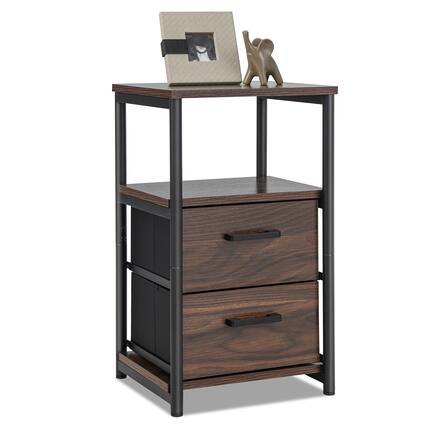 Front. Gymax - Gymax Nightstand Bedside End Table with 2 Fabric Drawers Storage Shelf for living room - Walnut & Black.