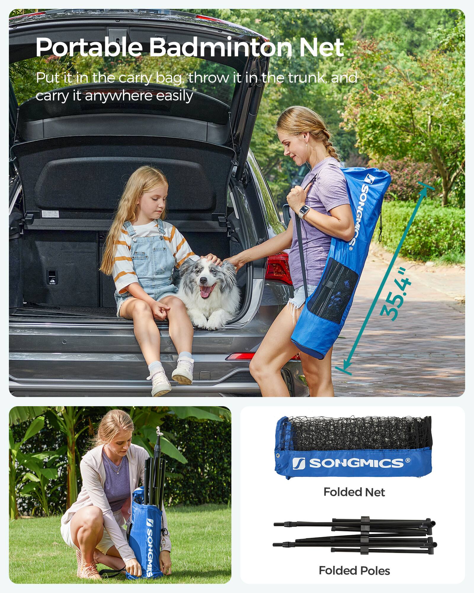 Portable Badminton Net  
Put it in the carry bag, throw it in the trunk, and carry it anywhere easily  

SONGMICS 35.4"  

Folded Net  
Folded Poles