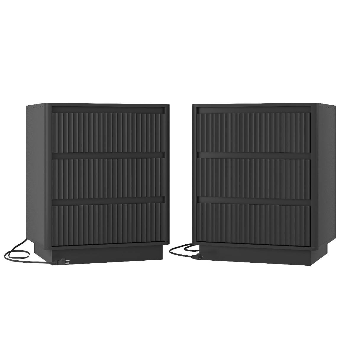 Alt View 1. Loheer - Loheer Black Nightstand Set of 2 with USB C Charging Station and Three Drawers - Black.