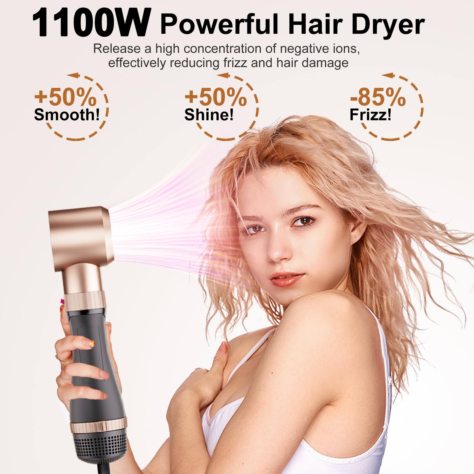 1100W Powerful Hair Dryer  
Release a high concentration of negative ions, effectively reducing frizz and hair damage  

+50% Smooth!  
+50% Shine!  
-85% Frizz!