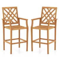 Costway 2 PCS Patio Teak Wood Bar Stool with Ergonomic Backrest Armrests & Footrest Outdoor - Natural - Front_Zoom