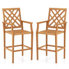 Costway - 2 PCS Patio Teak Wood Bar Stool with Ergonomic Backrest Armrests & Footrest Outdoor - Natural