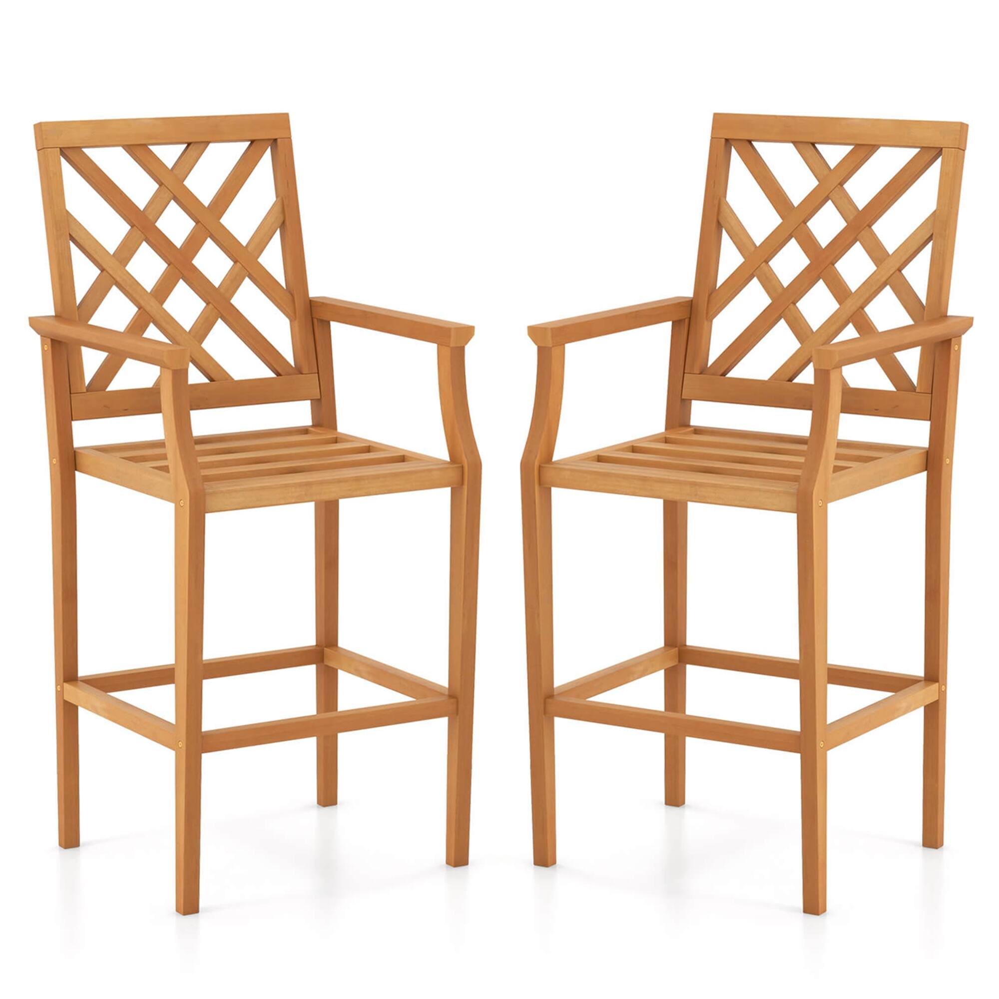 Front. Costway - 2 PCS Patio Teak Wood Bar Stool with Ergonomic Backrest Armrests & Footrest Outdoor - Natural.