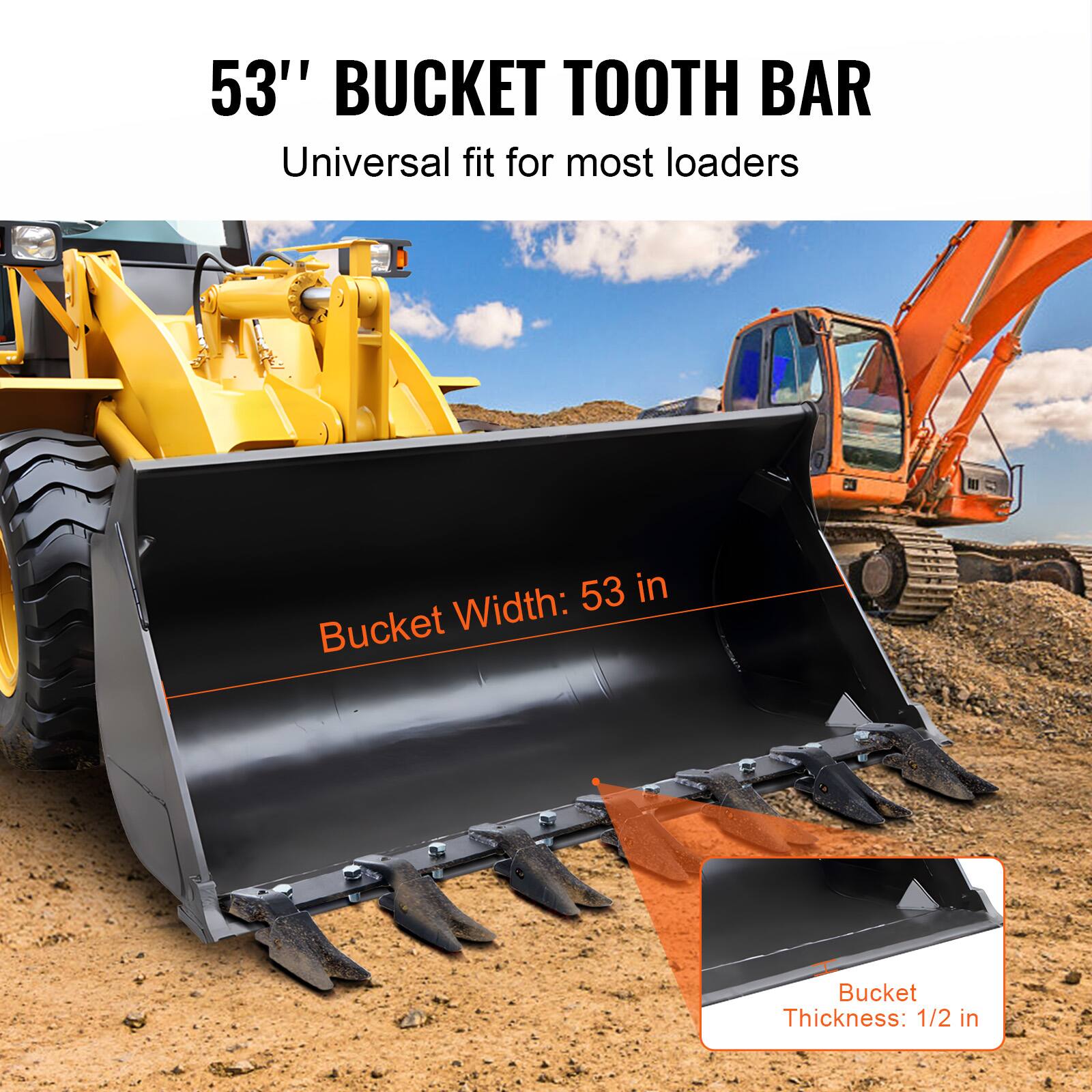 53" BUCKET TOOTH BAR  
Universal fit for most loaders  

Bucket Width: 53 in  
Bucket Thickness: 1/2 in
