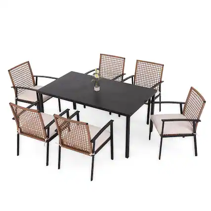 Front. Yardgrace - 7-Piece Patio Dining Set with 6 Cushioned Chairs, Iron Slat Table & Umbrella Hole for Backyard Garden Poolside - Brown.