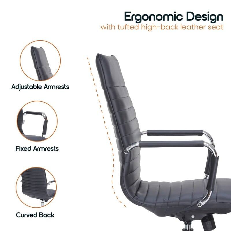 Ergonomic Design  
with tufted high-back leather seat  

Adjustable Armrests  
Fixed Armrests  
Curved Back