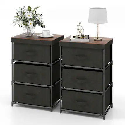 Front. Costway - 2PCS Fabric Bedside Table 3 Drawers Nightstand Small Dresser Bedroom Living Room - Black/Rustic Brown.