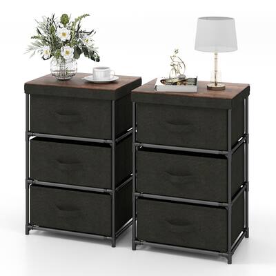 Costway - 2PCS Fabric Bedside Table 3 Drawers Nightstand Small Dresser Bedroom Living Room - Black/Rustic Brown Costway - 2PCS Fabric Bedside Table 3 Drawers Nightstand Small Dresser Bedroom Living Room - Black/Rustic Brown