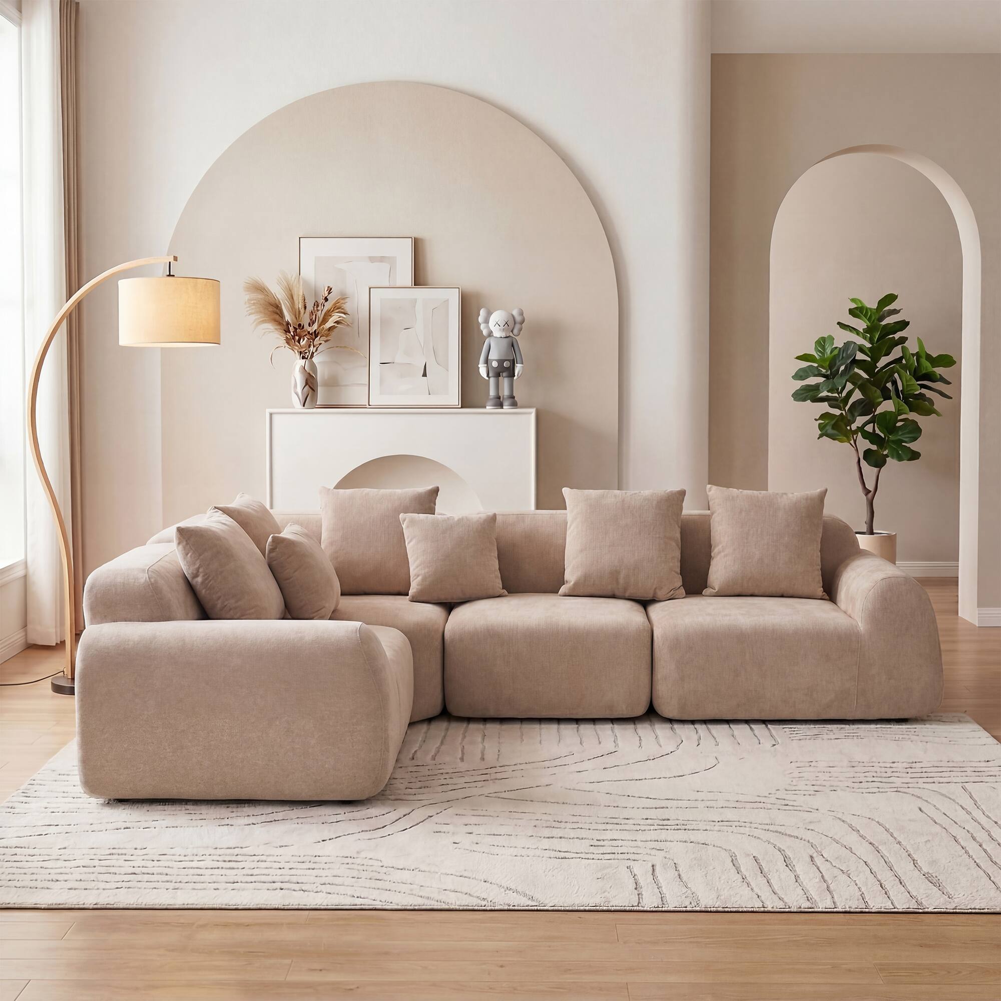 Angle. Anysun - Oversized Cloud Velvet Curved Sectional Couch – 118" Boneless Couch with L-Shape Chaise, Upholstered Compression - Beige.