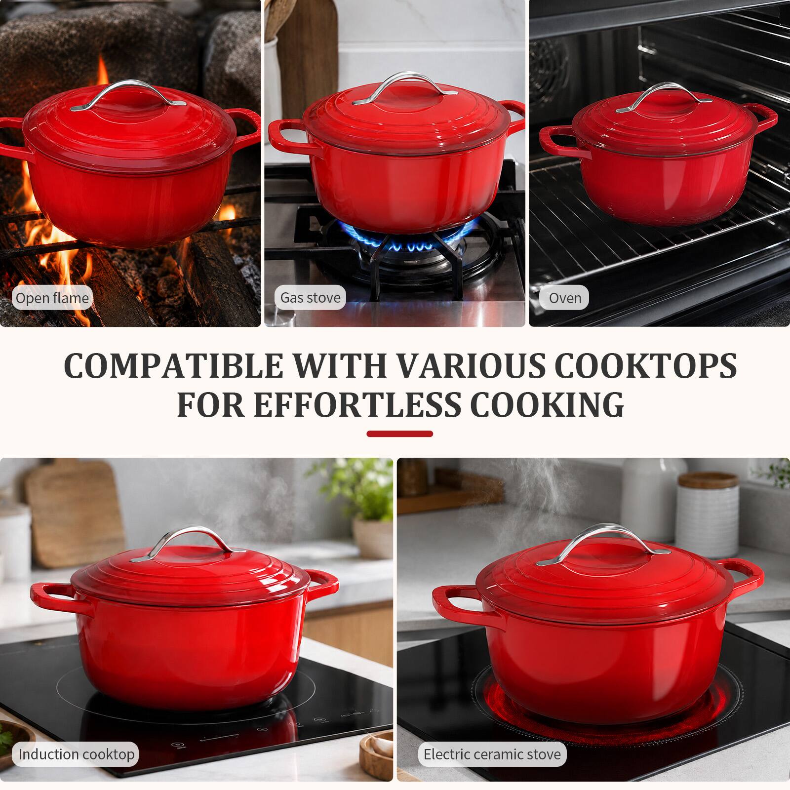 Open flame  
Gas stove  
Oven  
COMPATIBLE WITH VARIOUS COOKTOPS FOR EFFORTLESS COOKING  
Induction cooktop  
Electric ceramic stove
