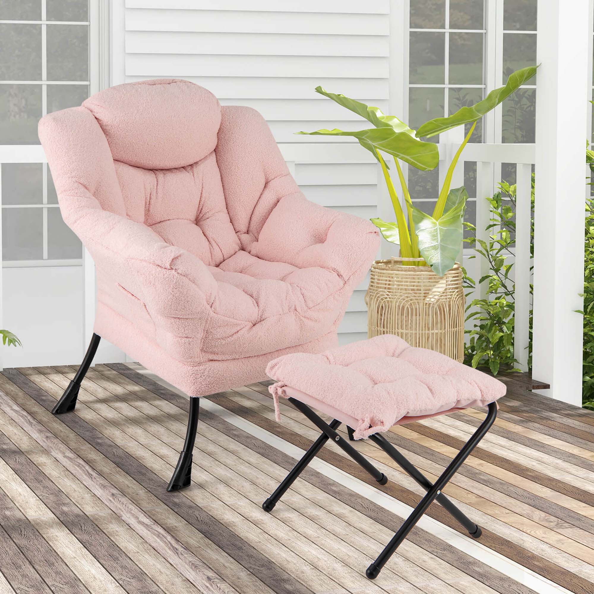 Angle. Costway - Lazy Leisure Armchair with Folding Footrest and Storage Pocket - Pink.