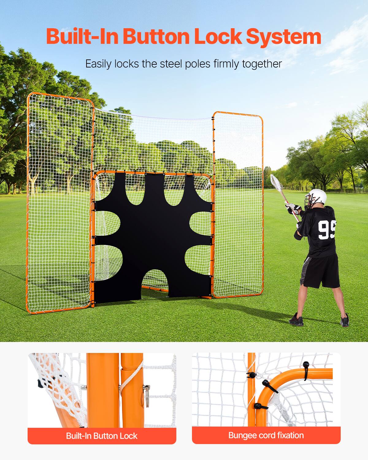 Built-In Button Lock System, Easily locks the steel poles firmly together, 95, Built-In Button Lock, Bungee cord fixation