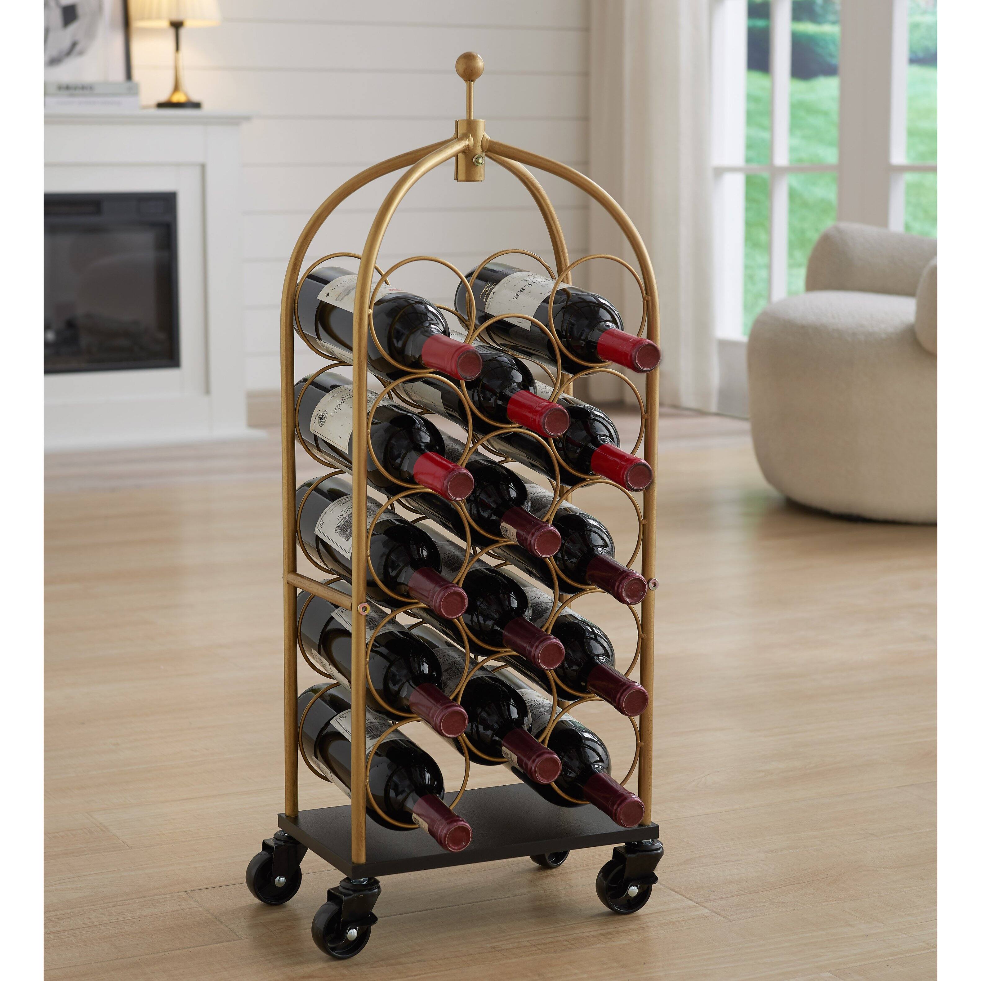 Kings Brand Furniture - Luggage Cart Wine Rack, Freestanding Floor Metal Wine Rack, Wine Bottle Holders - Gold