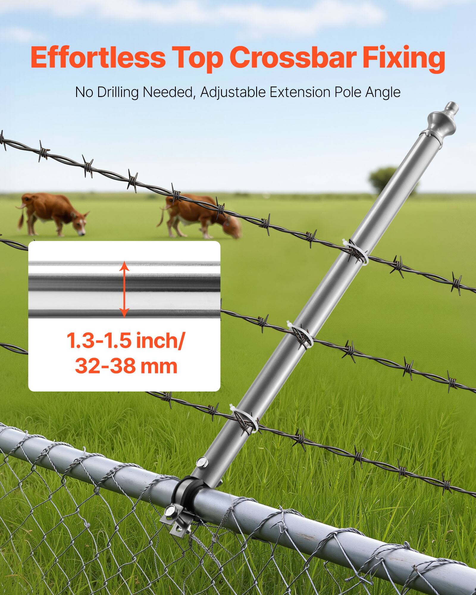 Effortless Top Crossbar Fixing  
No Drilling Needed, Adjustable Extension Pole Angle  
1.3-1.5 inch / 32-38 mm