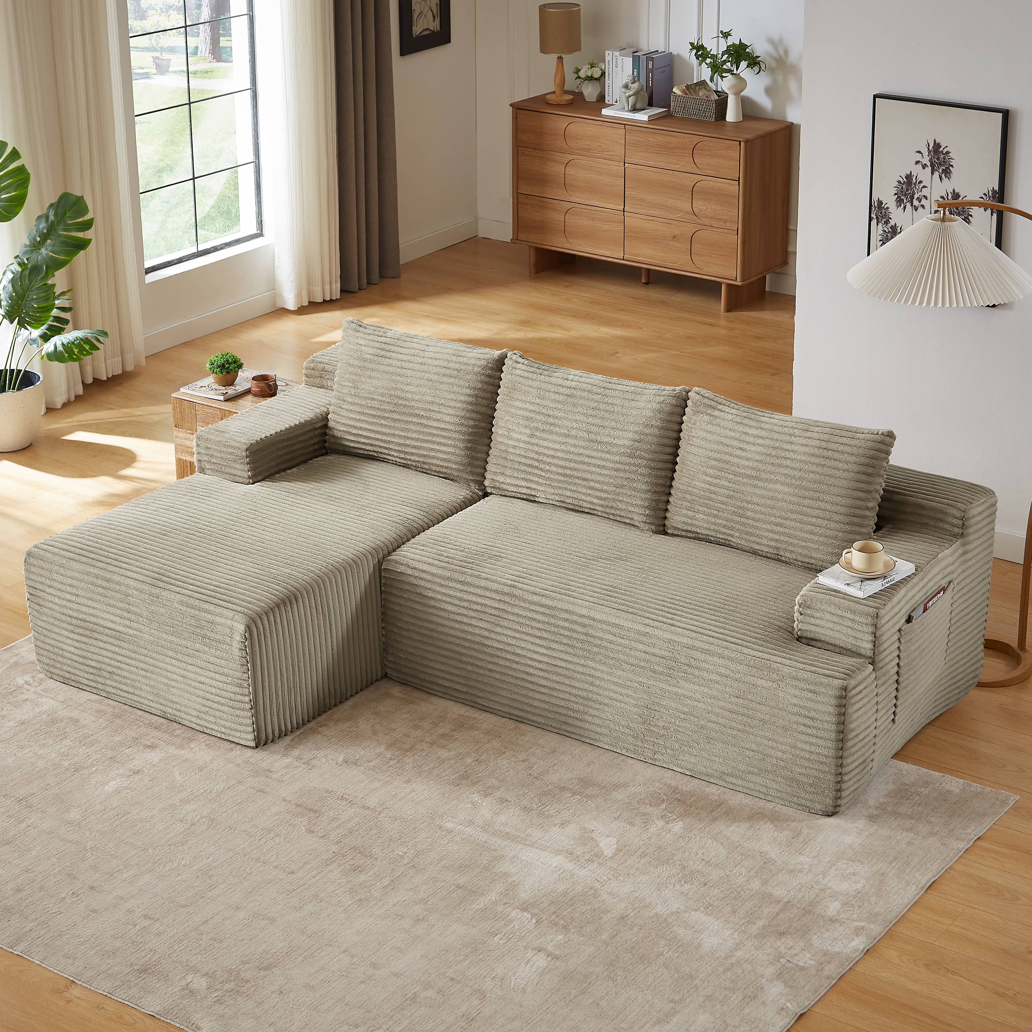 Front. Anysun - Anysun L-Shaped Left-Facing Modular Classic Corduroy Fabric Striped Sectional Sofa with Deep Seat - Camel.