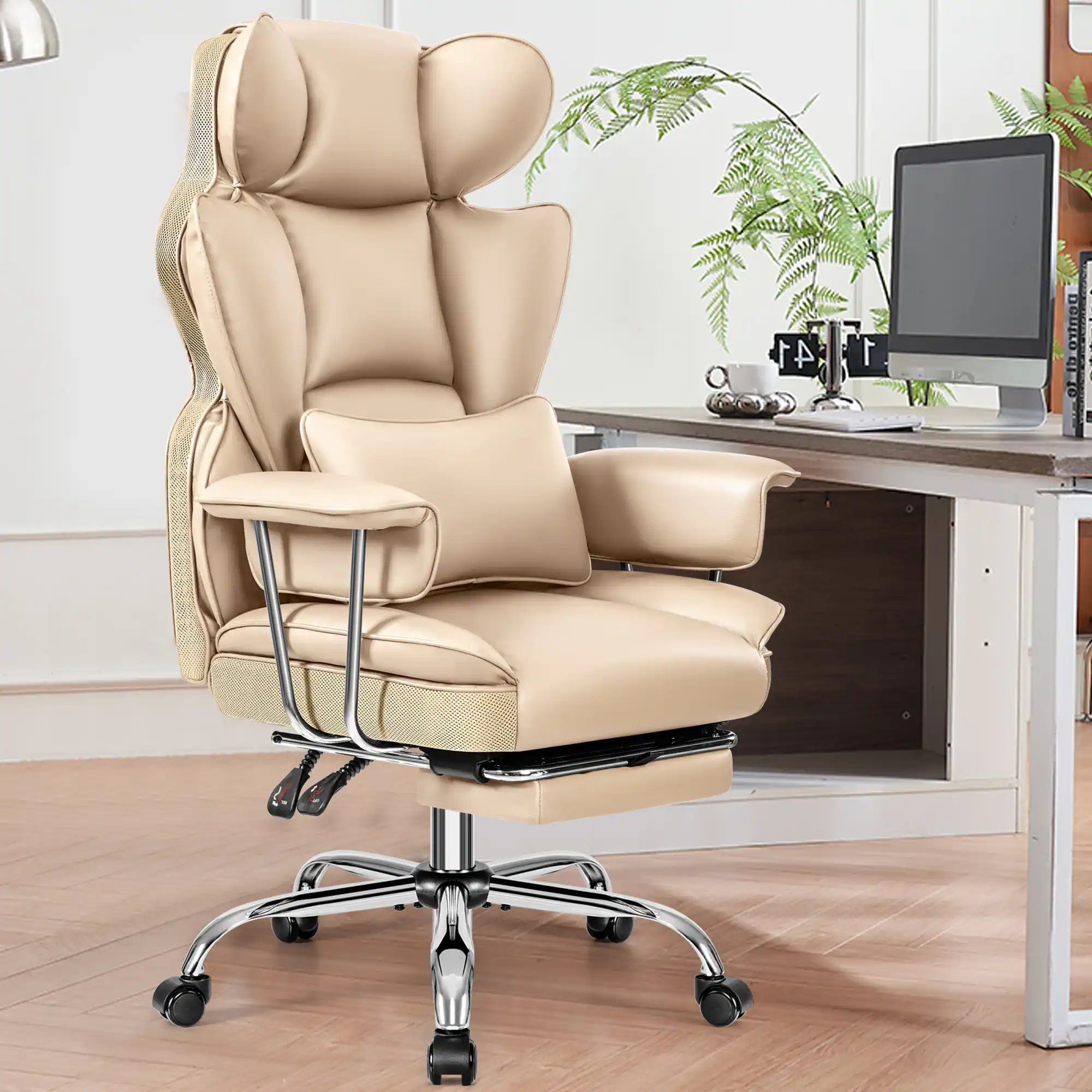 Front. KERDOM - Ergonomic Big and Tall Office Chair with Footrest, Soft High Back Executive Beautiful PU Leather Computer Chair - Khaki.