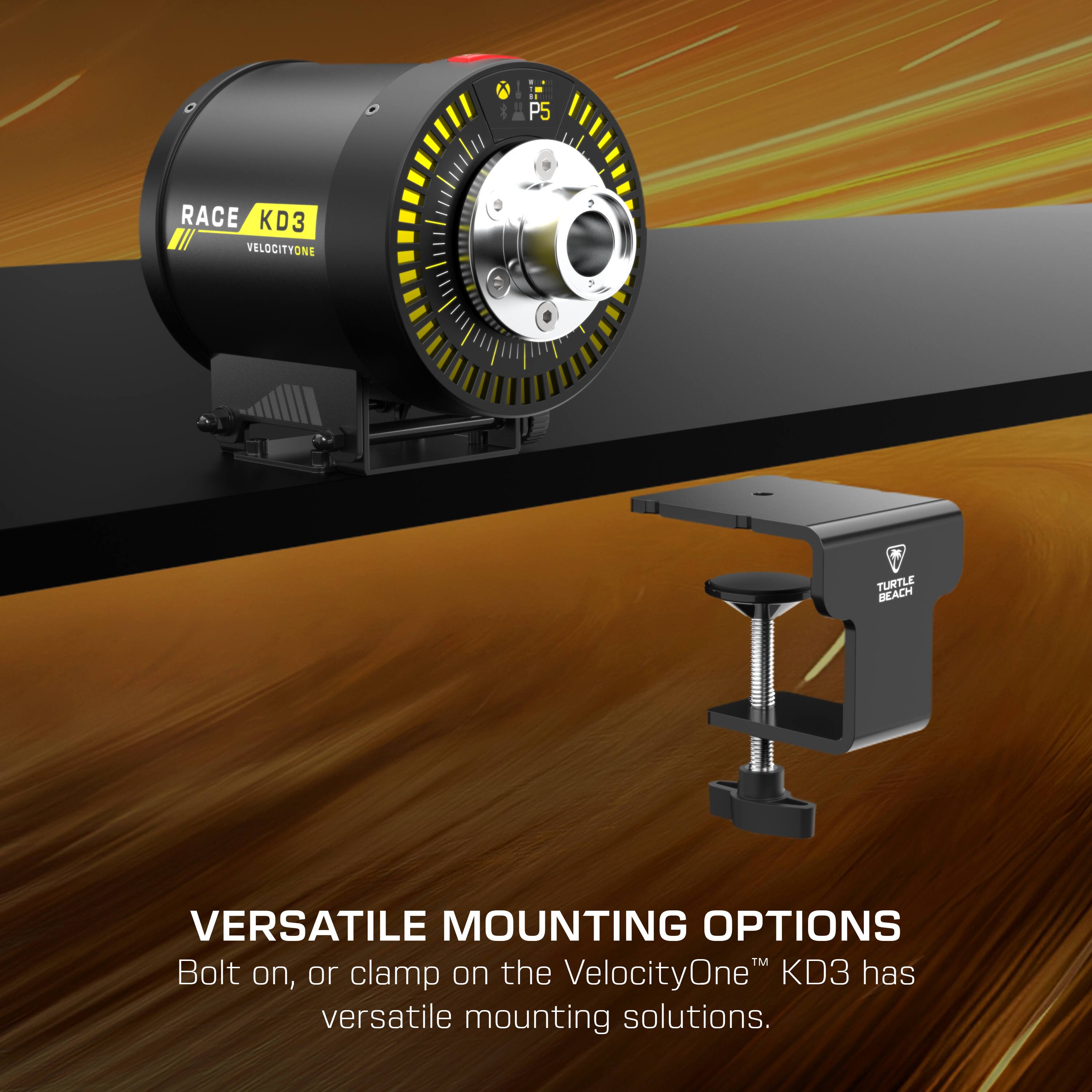 The corrected text is:

"APS P5 RACE KD3 VELOCITYONE TURTLE BEACH VERSATILE MOUNTING OPTIONS™ Bolt on, or clamp on the VelocityOne KD3 has versatile mounting solutions."