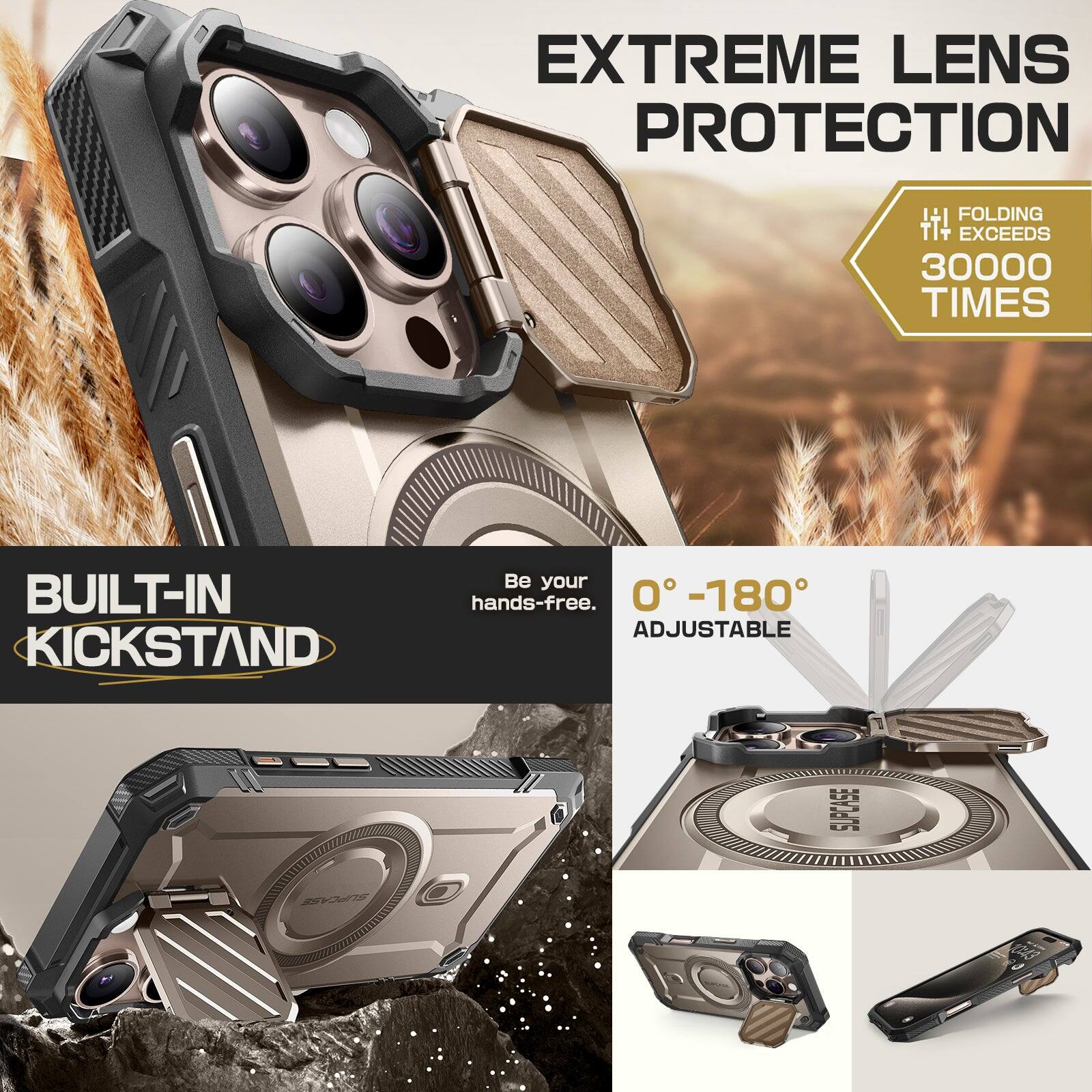 EXTREME LENS PROTECTION +1 FOLDING TT+ EXCEEDS 30000 TIMES BUILT-IN KICKSTAND. Be your hands-free. 0°-180° ADJUSTABLE. SUPCASE SLPCASE.