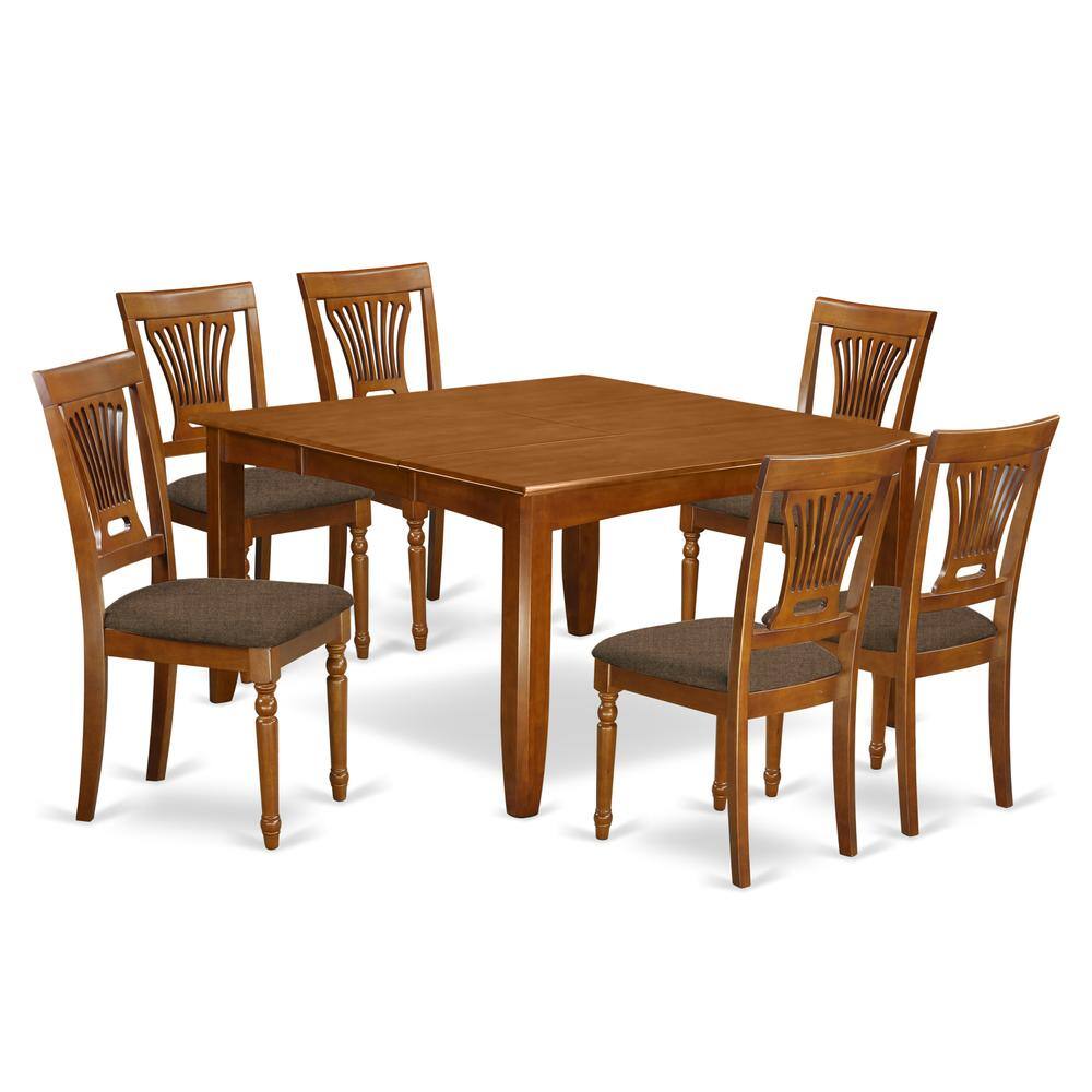 Back. East West Furniture - PFPL7-SBR-C 7 Pc Dining room set-Table with Leaf and 6 Kitchen Chairs. - Saddle Brown.