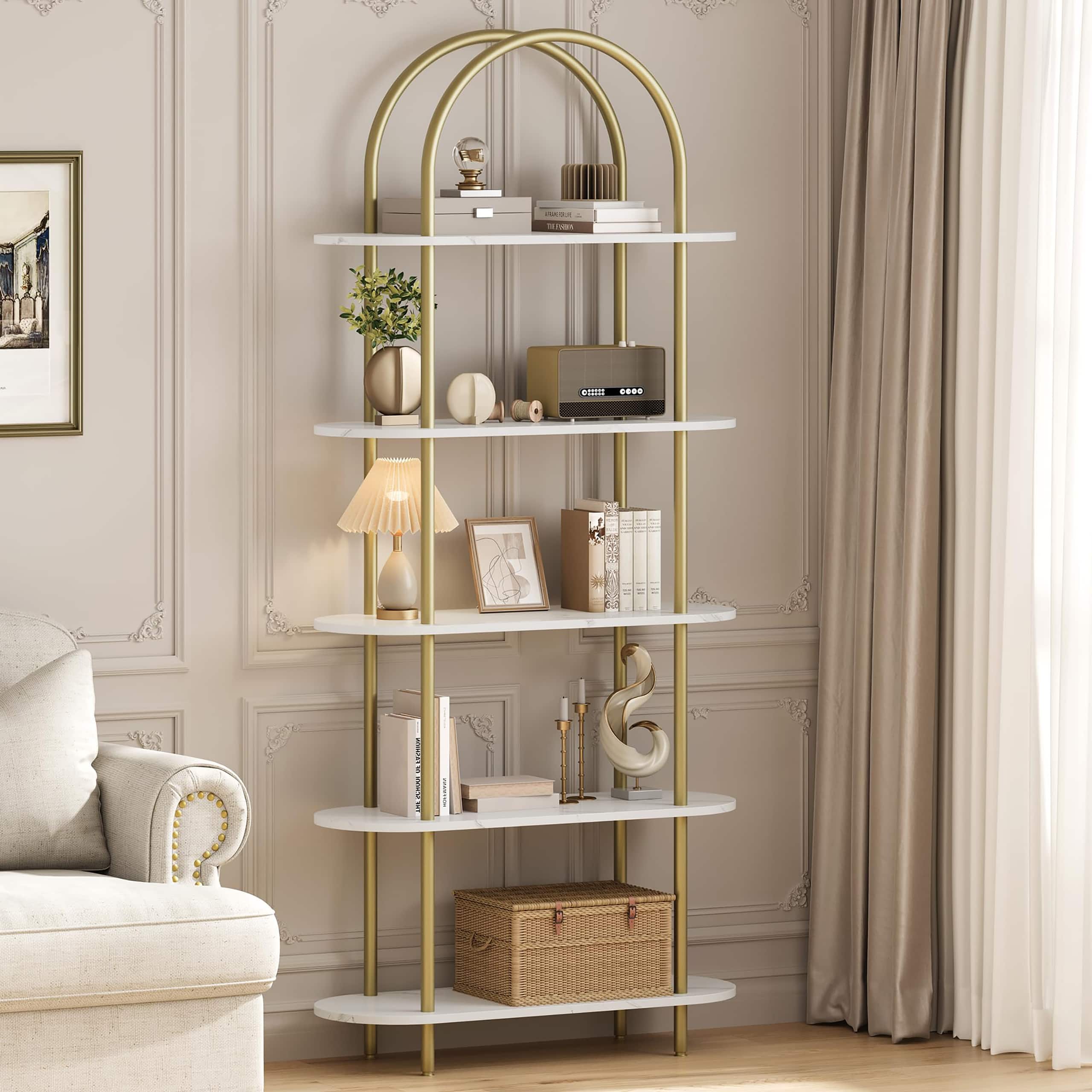 Babevy - 71" Bookshelf 5 Tier Bookcase Arched Display Racks Tall Bookshelf - Gold