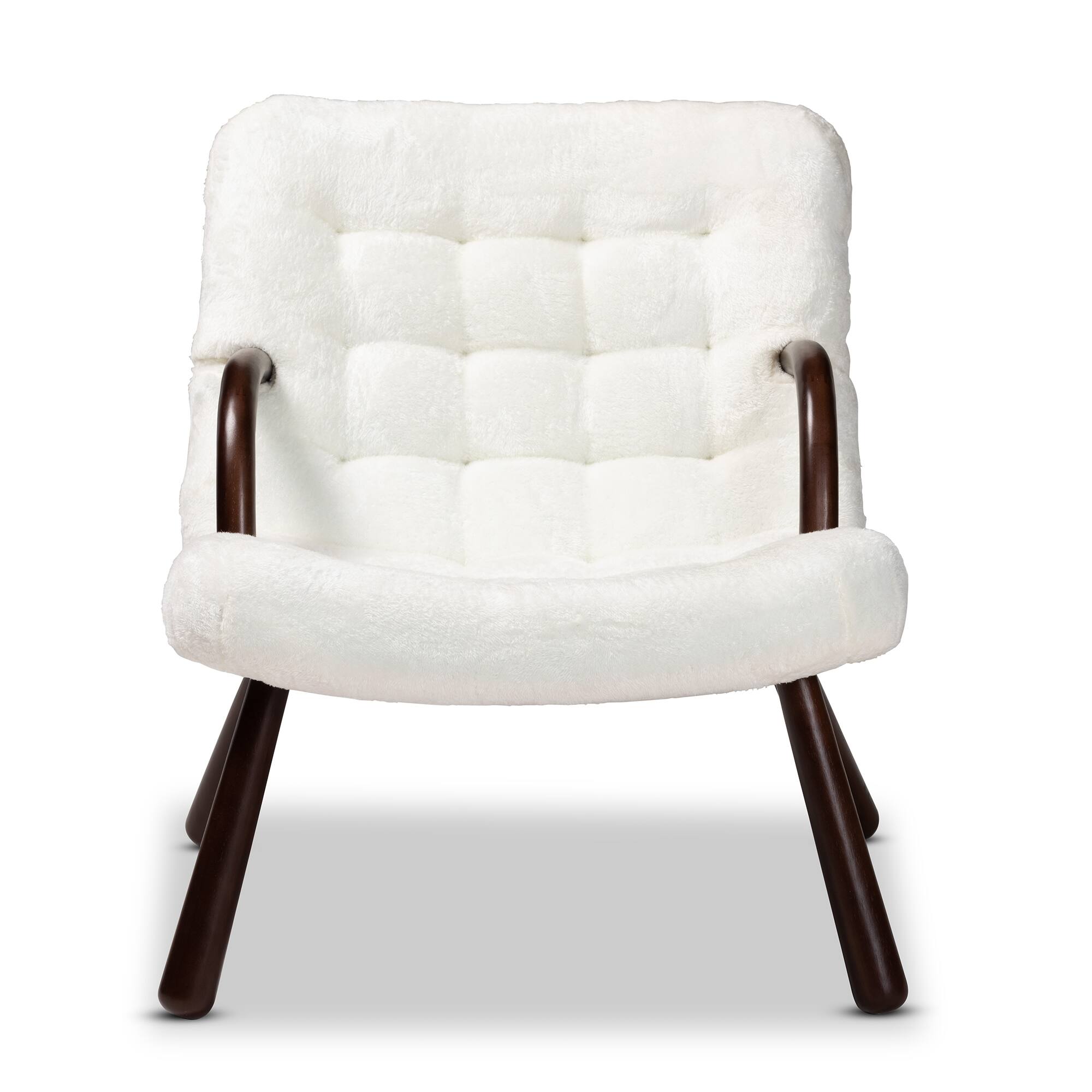 Angle. Baxton Studio - Eisa Modern and Contemporary Sherpa Upholstered and Walnut Finished Wood Accent Chair - White/Walnut Brown.