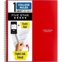 Five Star - 1-Subject Notebook, 8.5" x 11", College Ruled, 100 Sheets - Red