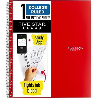 COLLEGE RULED  
1 SUBJECT 1100 SHEETS  

FIVE STAR.  

Study App  

Fights ink bleed  

FIVE STAR.