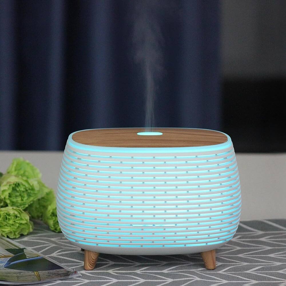 Angle. RTMB - 2-in-1 Bluetooth Speaker & Diffuser – 400ml, Ultrasonic, 7-Color Light, White/Wood.
