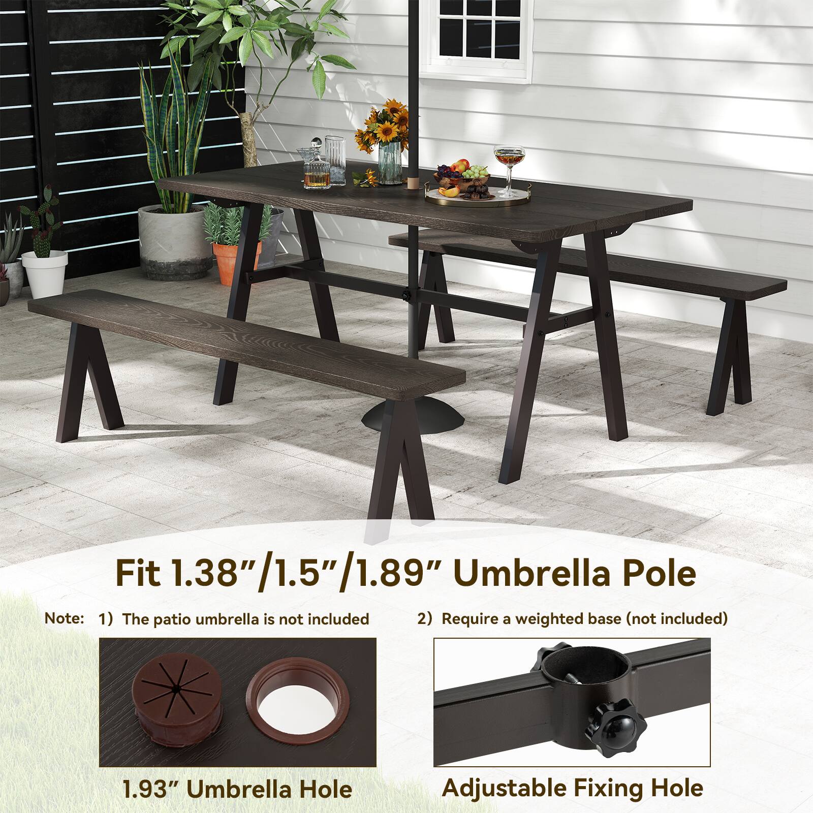 The image features a wooden table and bench set outdoors, with a potted plant nearby. The table is accompanied by an umbrella pole that fits 1.38", 1.5", and 1.89" umbrellas. The umbrella pole is adjustable, allowing for a fixing hole that can be adapted to fit various umbrella sizes. The table and bench are designed for outdoor use, making them an ideal choice for a patio or garden setting.