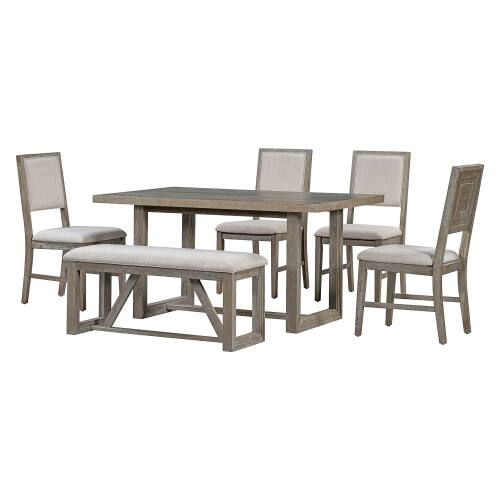 Alt View 4. LUCKY ONE - 6-Piece Retro Dining Set with 60" Rectangular Dining Table, Bench and 4 Chairs - Gray.