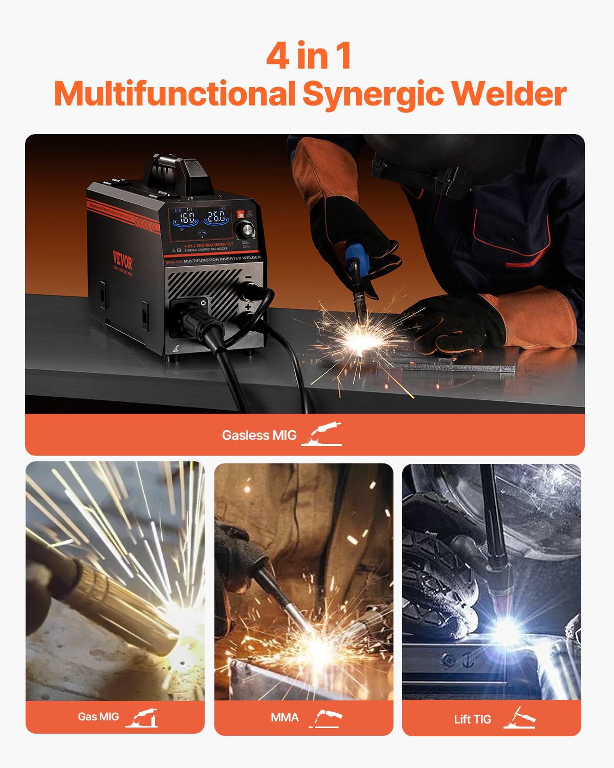 4 in 1 Multifunctional Synergic Welder

- Gasless MIG
- Gas MIG
- MMA
- Lift TIG