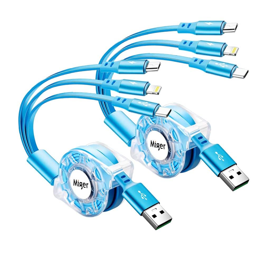 PARKER SLATER - Retractable 3 in 1 USB C multi charging cable, 4A fast charger cord with Type-C, Lightning, Micro USB for phones - Blue