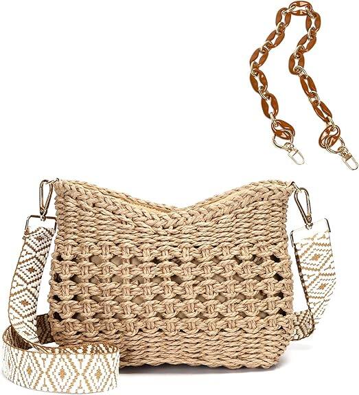 Front. Vulpecula Spade - Small Summer Crossbody Bags for Women, Beach Handmade Straw Woven Pocketbooks Handbag Shoulder Purse - Hollow Out Coffee.