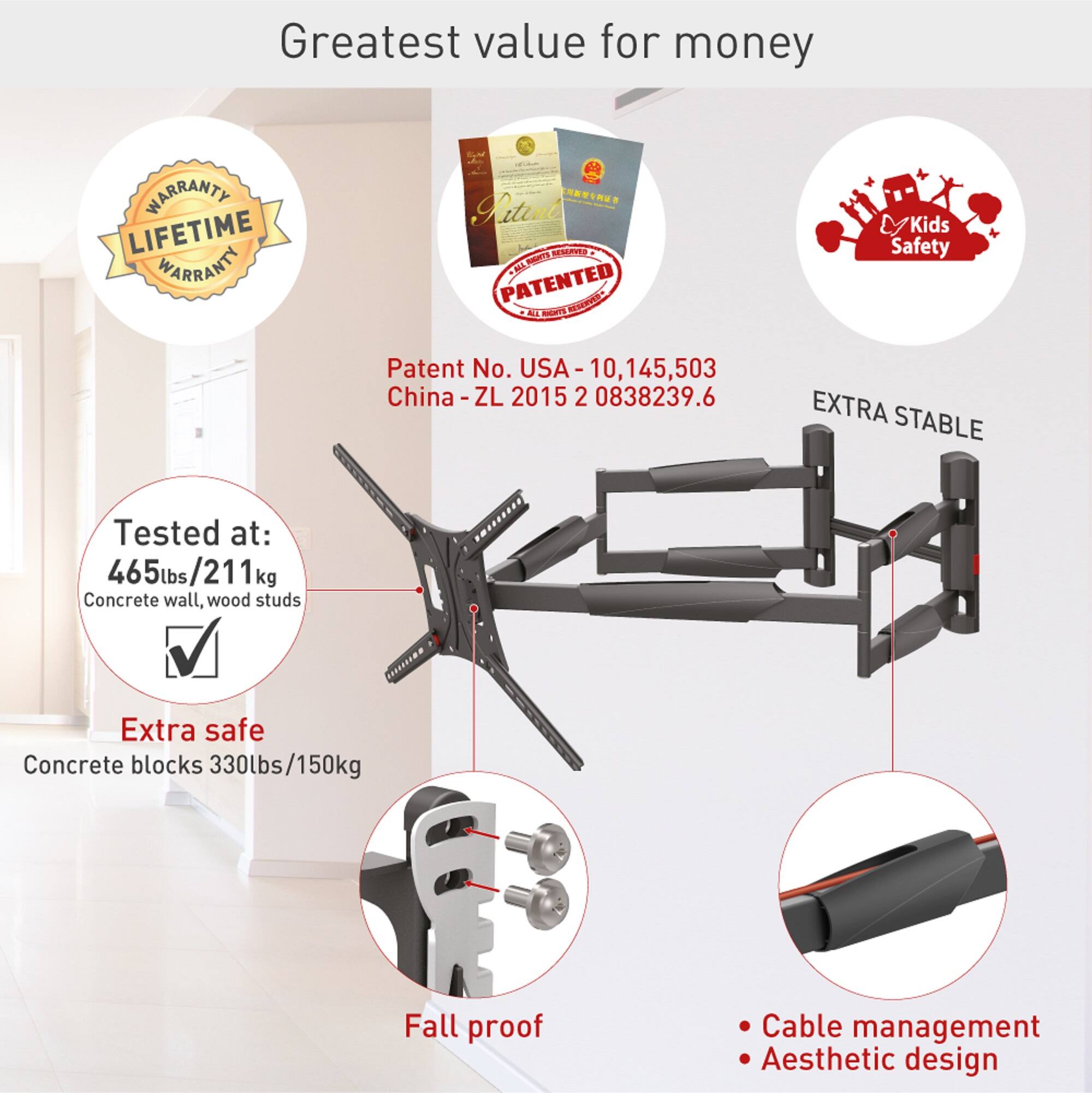 Greatest value for money

- LIFETIME WARRANTY
- WARRANTY
- Patent No. USA - 10,145,503
- China - ZL 2015 2 0838239.6
- EXTRA STABLE
- Tested at: 465lbs/211kg (Concrete wall, wood studs)
- Extra safe
- Concrete blocks 330lbs/150kg
- Fall proof
- Cable management
- Aesthetic design
- Kids Safety
- PATENTED
