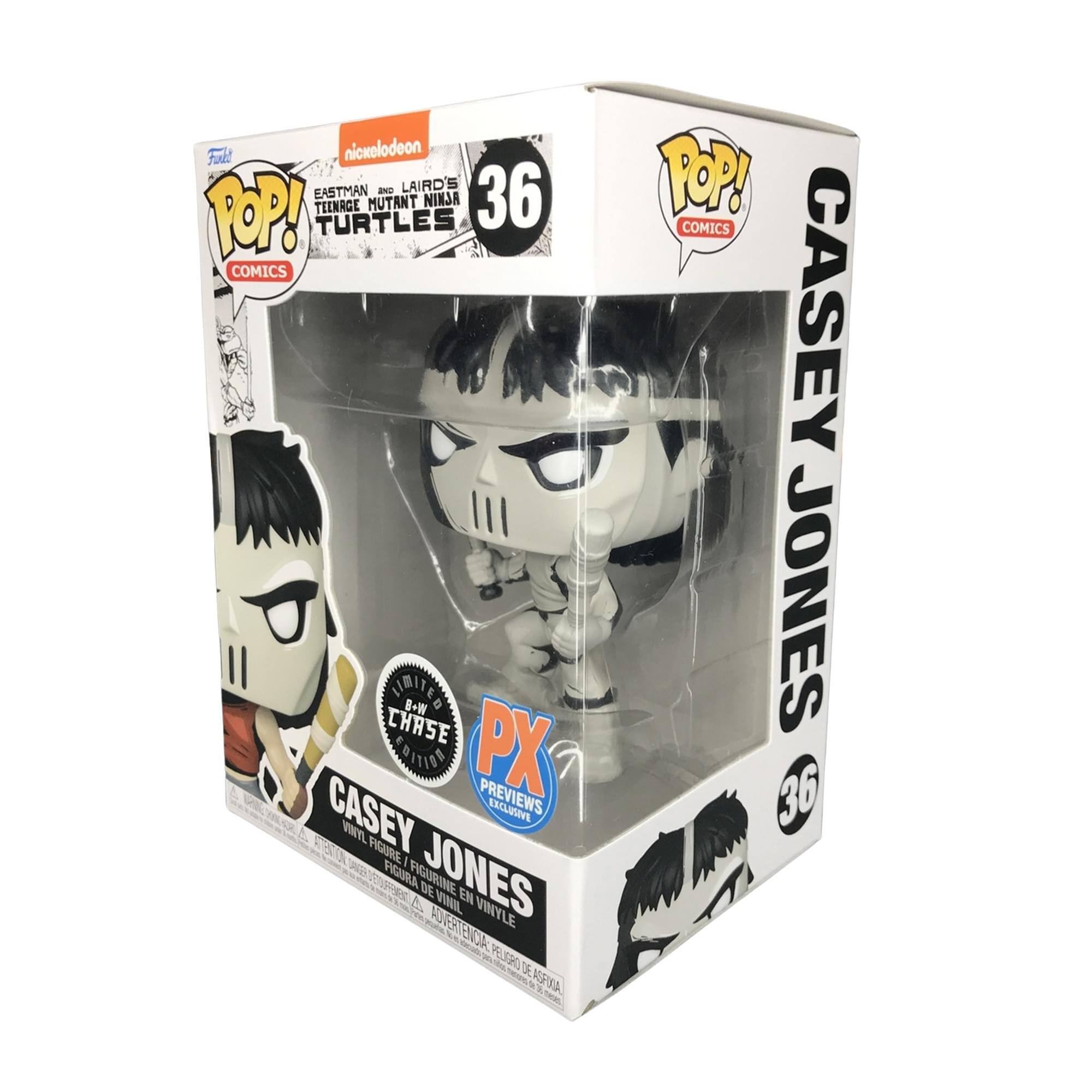 Sure, here is the corrected and grouped text from the image:

---

**Front:**
- Funet
- nickeleodeon
- POP! COMICS
- EASTMAN & LARID'S TEENAGE MUTANT NINJA TURTLES
- 36
- CASEY JONES
- LIMITED B&W CHASE EDITION
- PX PREVIEWS EXCLUSIVE
- FIGURA DE VINIL EN VINYLE
- FIGURINE EN VINYLE

**Side:**
- POP! COMICS
- CASEY JONES 36

**Bottom:**
- CASEY JONES
- FIGURA DE VINIL EN VINYLE
- FIGURINE EN VINYLE
- ADVERTENCIA: PEQUEÑOS PIEZAS, NO APTO PARA MENORES DE 3 AÑOS

---
