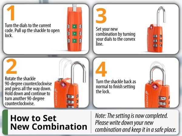 1. Turn the dials to the current code. Pull up the shackle to open lock.
2. Rotate the shackle 90-degree counterclockwise and press all the way down. Hold down and continue to turn another 90-degree counterclockwise.
3. Set your new combination by turning your dials to the convex line.
4. Turn the shackle back as normal to finish setting the lock.

Note: The setting is now completed. Please write down your new combination and keep it in a safe place.