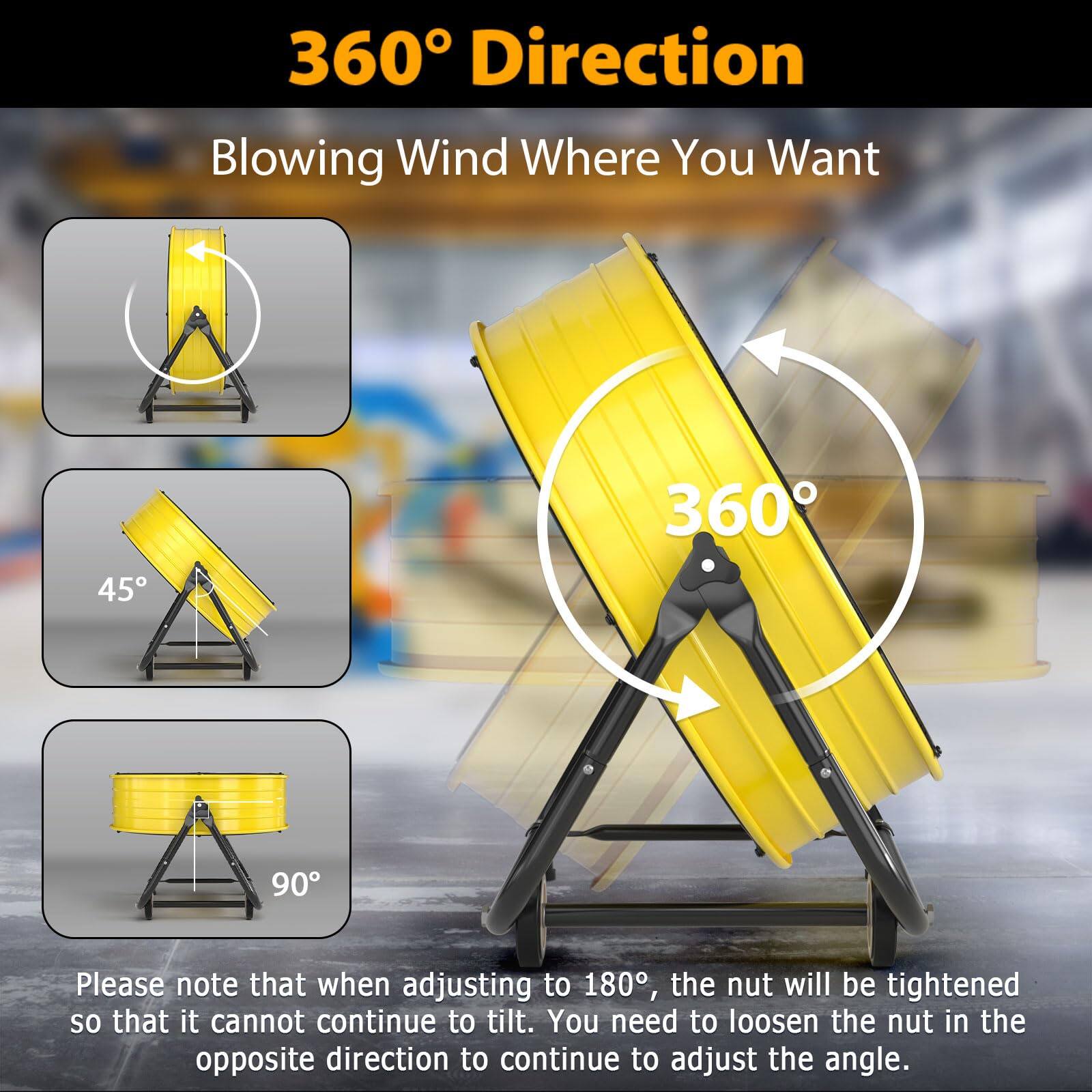 360° Direction  
Blowing Wind Where You Want

Please note that when adjusting to 180°, the nut will be tightened so that it cannot continue to tilt. You need to loosen the nut in the opposite direction to continue to adjust the angle.