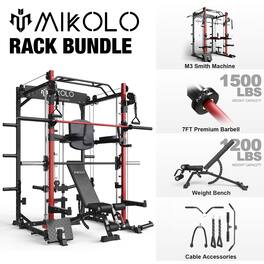Mikolo - Smith Machine, 2000 lbs Weight Rack ,Multi-Function Squat Rack with J Hooks,Dip Bars and Landmine - Black