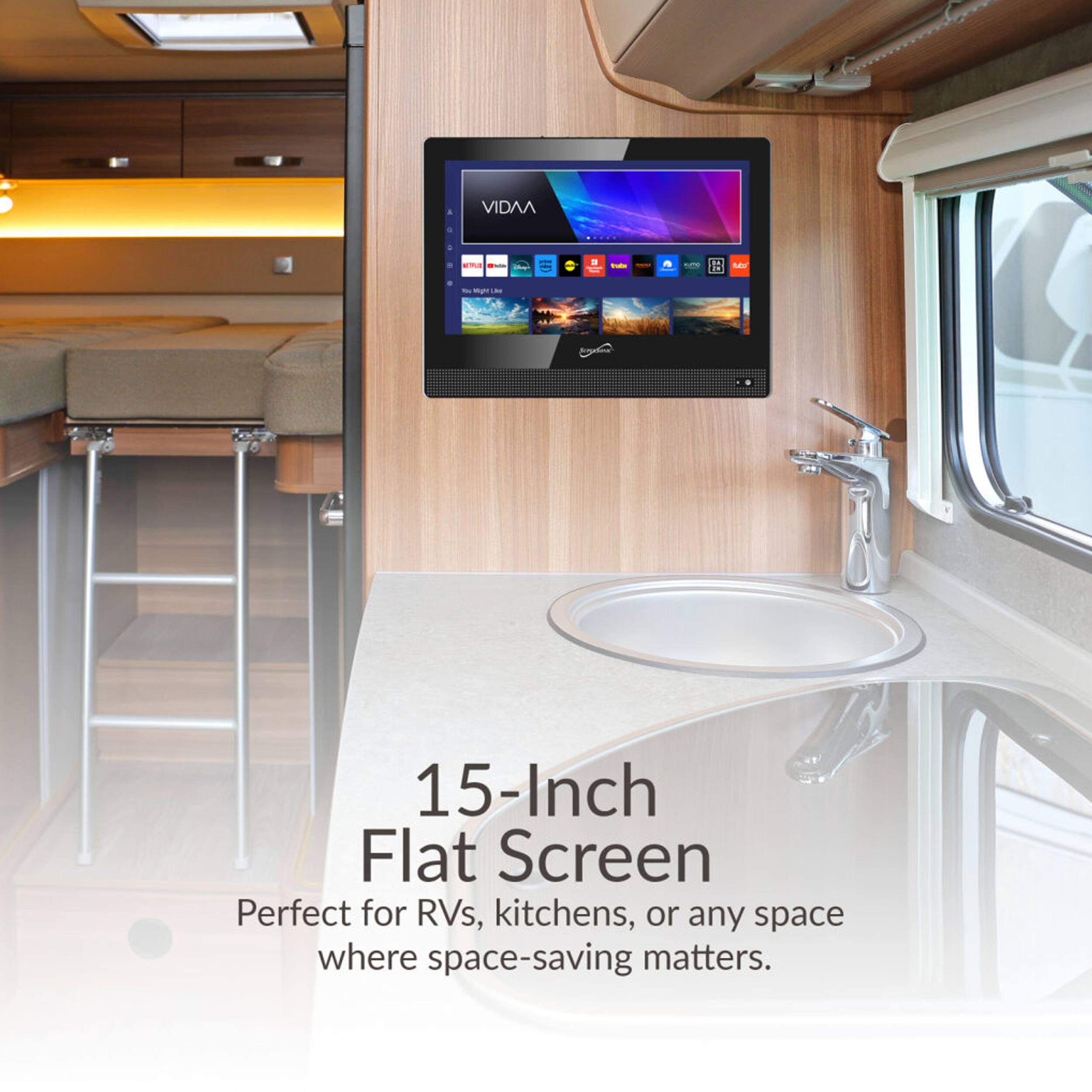 VIDAA . - - T - a  1B Ad - piia  15-Inch Flat Screen Perfect for RVs, kitchens, or any space where space-saving matters.
