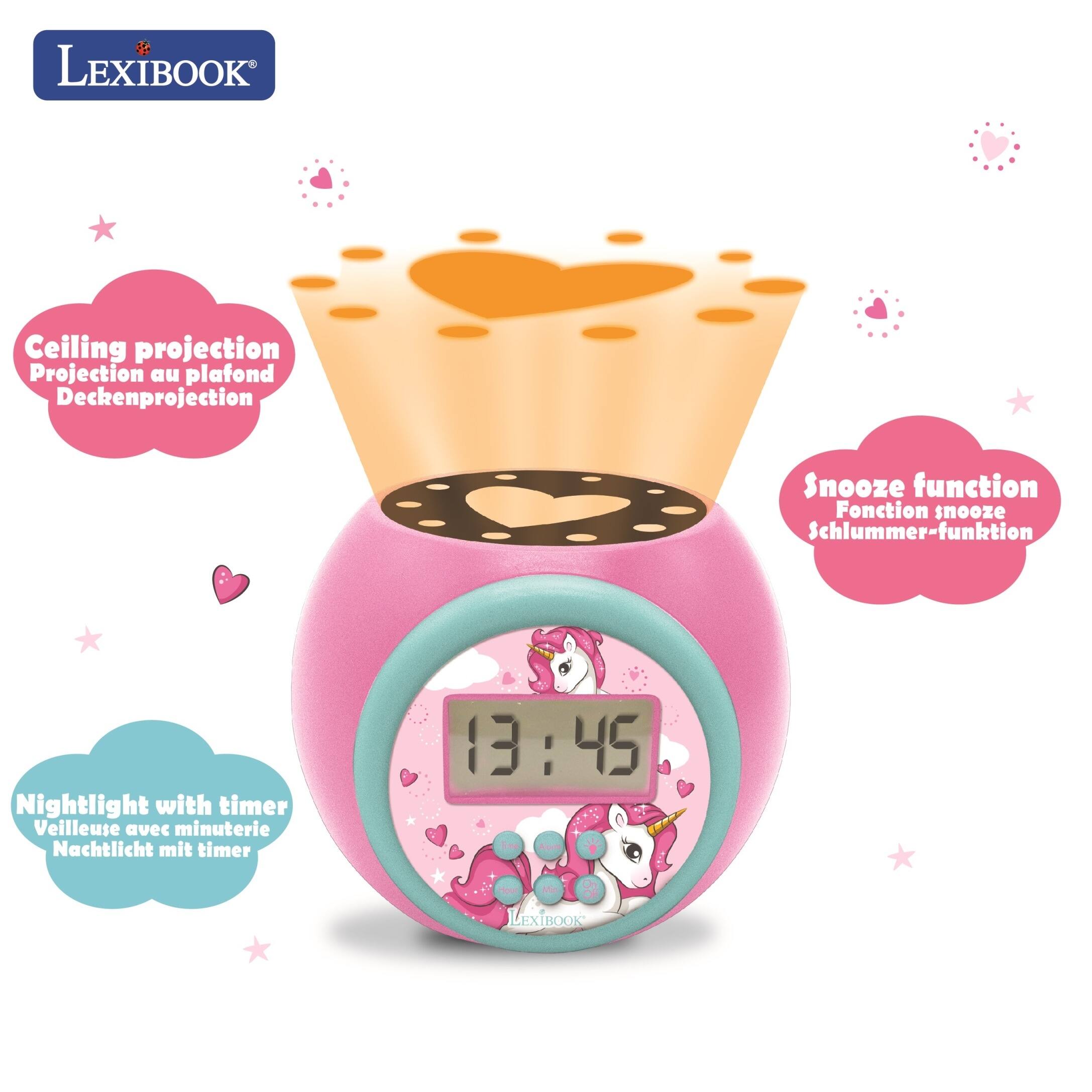 LEXIBOOK Ceiling projection Projection au plafond Deckenprojection Snooze function Fonction snooze Schlummer-funktion Nightlight with timer Veilleuse avec minuterie Nachtlicht mit timer 13:45 13:45 LEXIBOOK