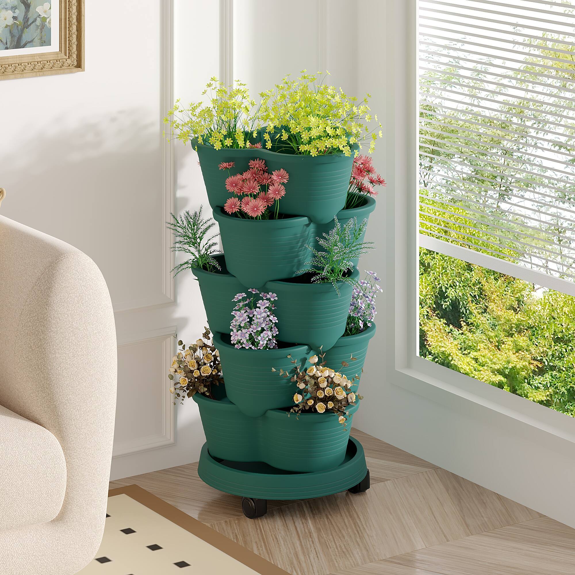 Front. Vecelo - 5-Tier Stackable Vertical Garden Planter with Drainage and Wheels for Indoor Outdoor Strawberry & Herb Growing.