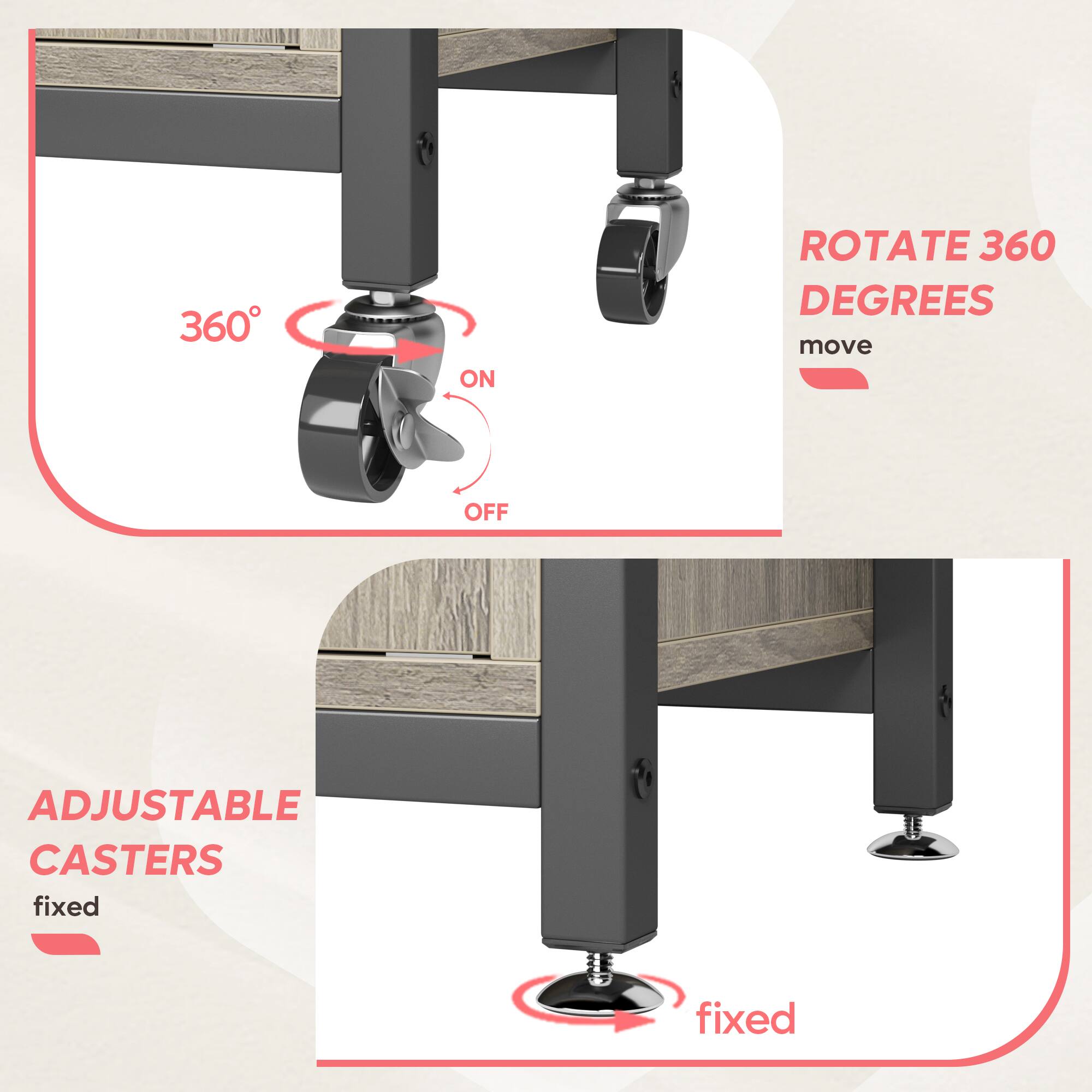 The text on the image is grouped as follows:

1. 360 ON ROTATE 360 DEGREES move: This text describes the feature of the adjustable casters, which allow for 360-degree movement.
2. ADJUSTABLE CASTERS fixed: This text describes the two different types of casters available, one being adjustable and the other being fixed.
3. fixed: This text describes the fixed casters, which do not allow for adjustments.
4. Fixed: This text is repeated from the previous line, emphasizing the fixed nature of the casters.
5. Fixed: This text is repeated again, reinforcing the fixed nature of the casters.
6. Fixed: This text is repeated for the final time, ensuring that the fixed nature of the casters is clearly conveyed.