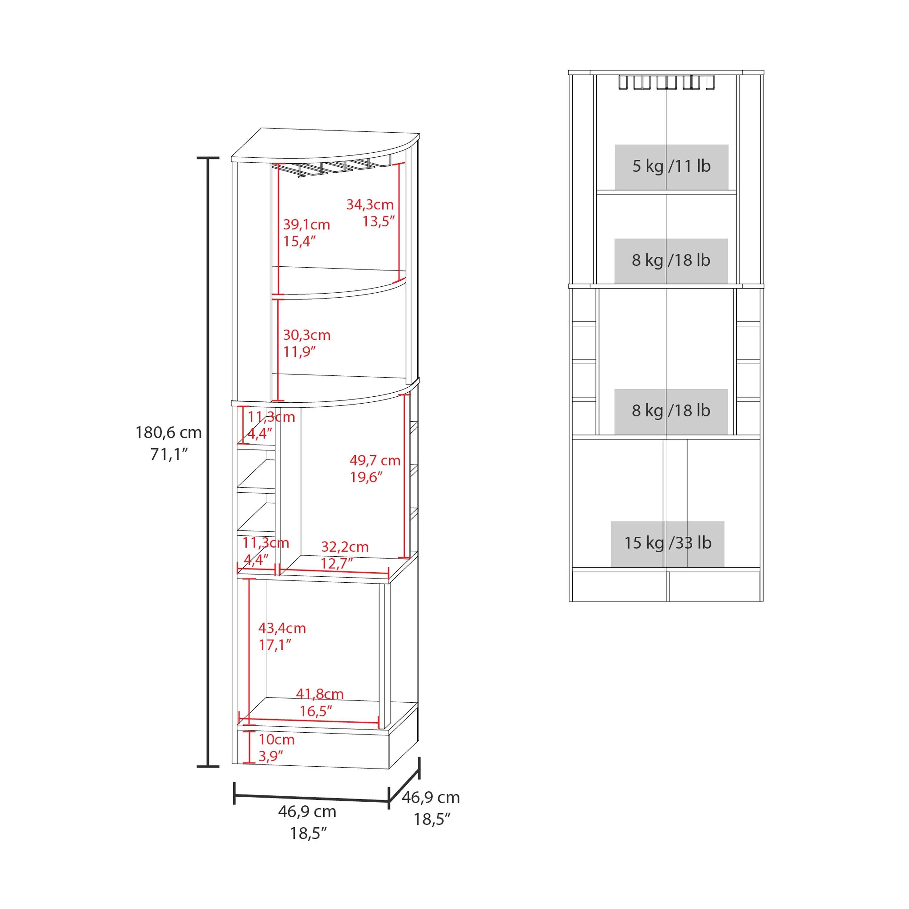 5 kg / 11 lb  
34.3 cm / 13.5"  
39.1 cm / 15.4"  

8 kg / 18 lb  
30.3 cm / 11.9"  
180.6 cm / 71.1"  
11.3 cm / 4.4"  
49.7 cm / 19.6"  

8 kg / 18 lb  
11.3 cm / 4.4"  
32.2 cm / 12.7"  

15 kg / 33 lb  
43.4 cm / 17.1"  
41.8 cm / 16.5"  
10 cm / 3.9"  
46.9 cm / 18.5"  
46.9 cm / 18.5"