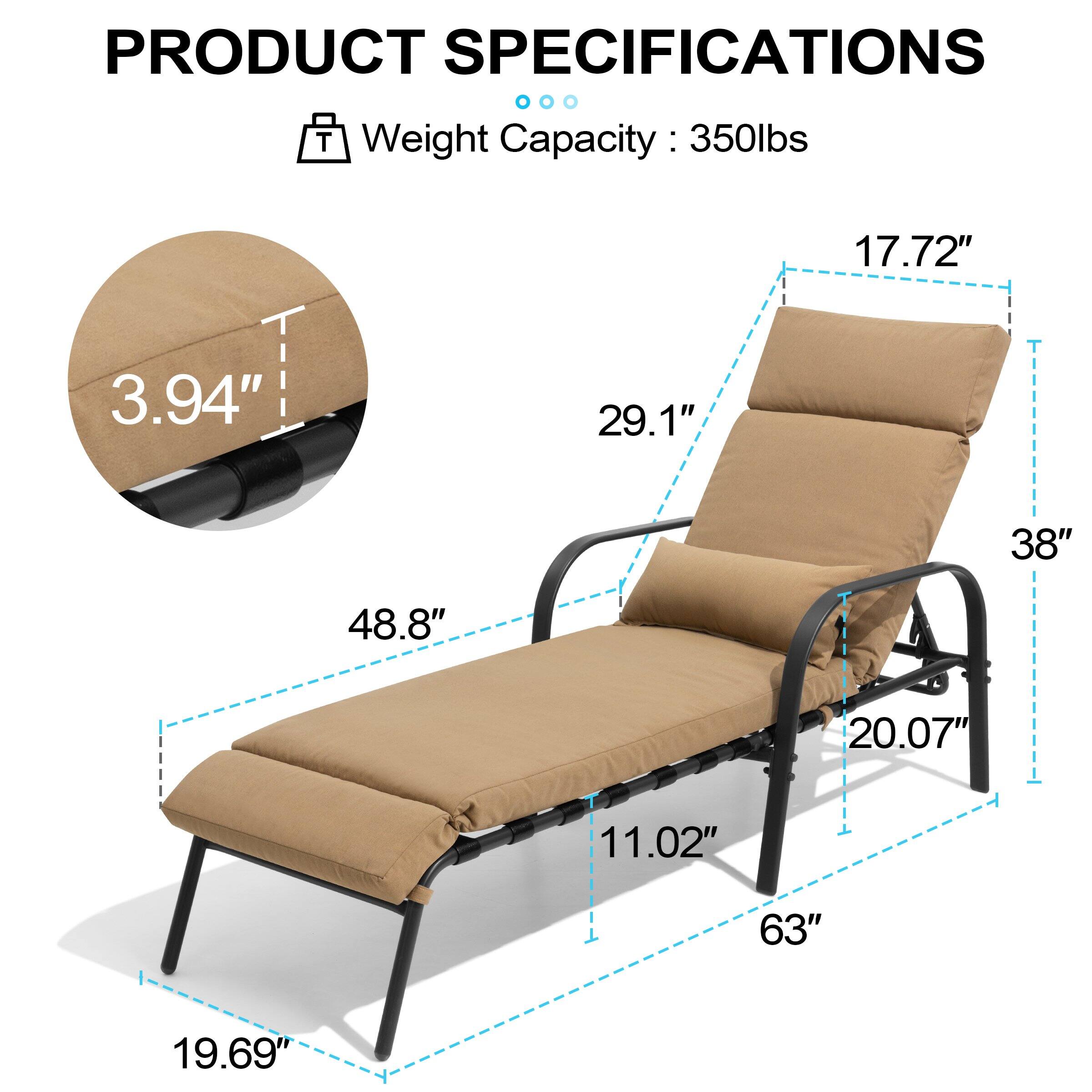 PRODUCT SPECIFICATIONS

Weight Capacity: 350lbs

- 3.94"
- 17.72"
- 29.1"
- 38"
- 48.8"
- 20.07"
- 11.02"
- 63"
- 19.69"