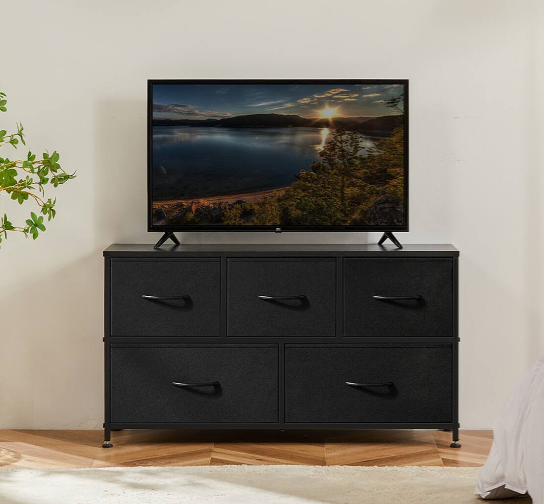 Front. AENKYO - 4 Drawers Dresser Storage Chest Organizer with Metal Frame,Wood Top - Black.
