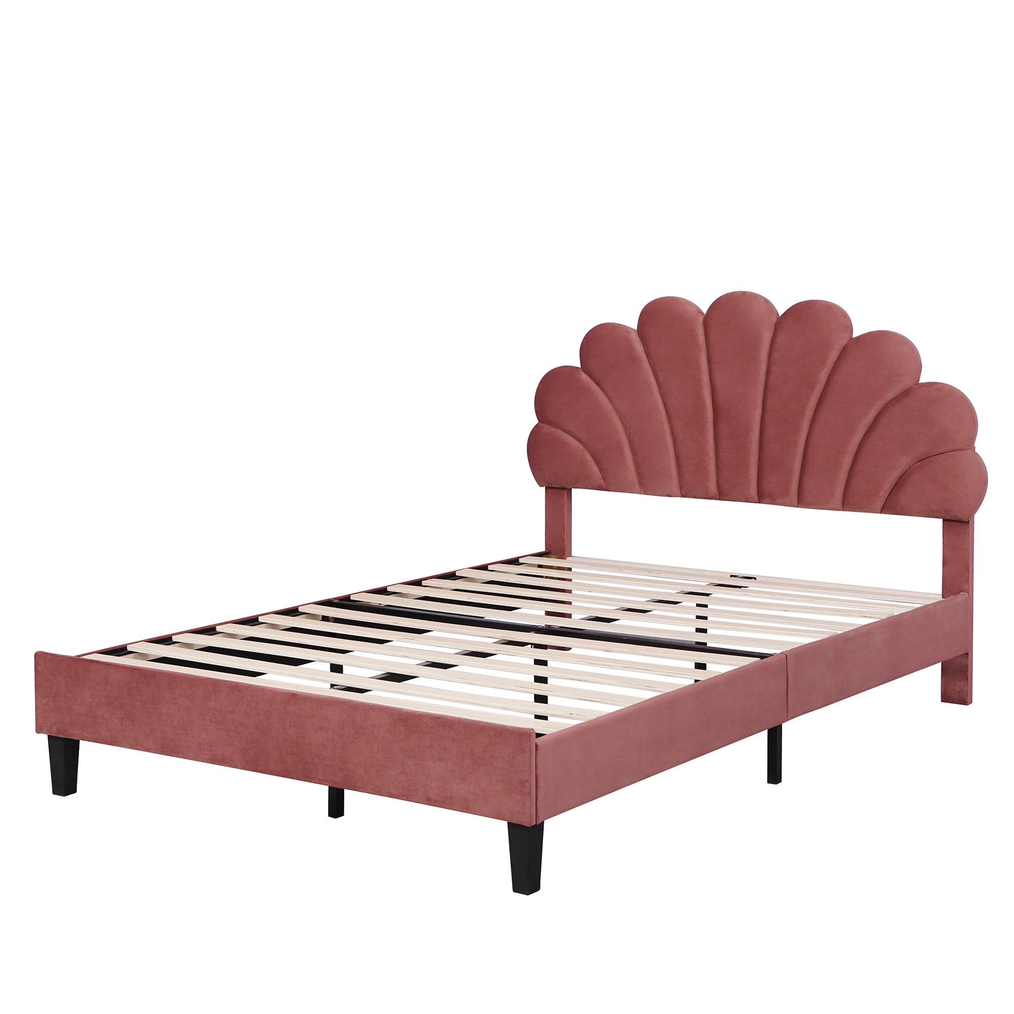 Alt View 1. Tiramisubest - Full Size Upholstered Platform Bed with Flower Pattern Velvet Headboard, Bean Paste Red - Bean paste red.